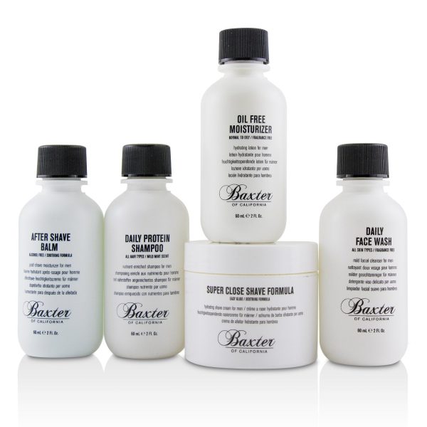 Baxter Of California Travel Starter Kit: Face Wash + Shave Formula + Moisturizer + Shave Balm + Shampoo + Bag  5pcs + 1 Bag Fashion